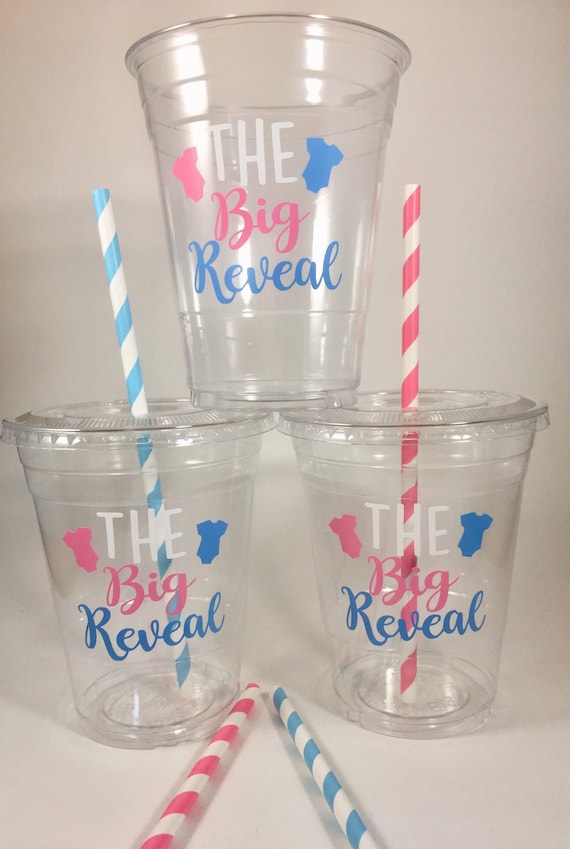 Baby Gender Party Cups The Big Reveal Pink and Blue Cup Set With Lids Straws