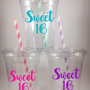 Sweet Sixteen 16 Birthday PARTY CUPS Disposable Set WITH Lids and Matching Straws Sixteenth Customized Personalized