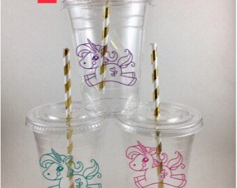 Cute Unicorn Party Cups With Lids And Straws Personalized Customized Name Colorful Birthday Unicorns