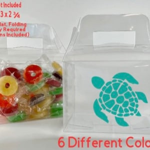 May include: Clear plastic favor boxes with a sea turtle design. The boxes are 4 inches by 3 inches by 2 3/4 inches and come in 6 different colors. Candy not included.  Shipped flat, folding assembly required. Instructions included.
