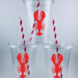 LOBSTER PARTY CUPS Lobsters With Lids Straws Personalized Disposable