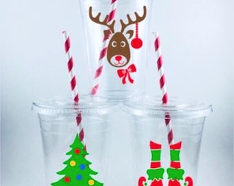 Christmas Party Cups Kids Table Cup Lids/Straws Disposable Reindeer Elf Tree
