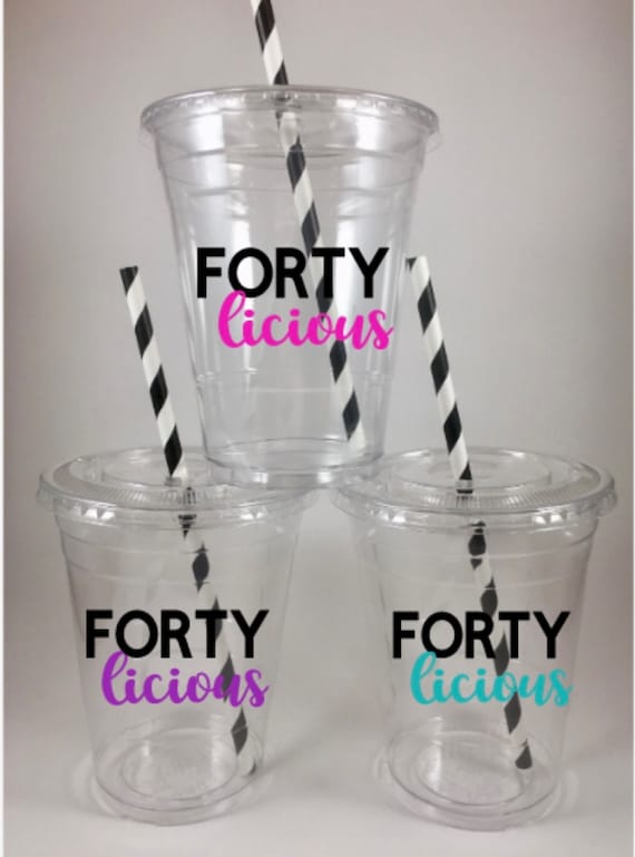 Fortylicious PARTY CUPS 40th Birthday Big 40 Custom Colors Available  Includes Lids and Straws
