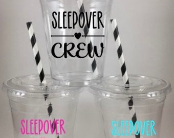 Sleepover Crew PARTY CUPS With Lids and Straws Slumber Party ANY Colors