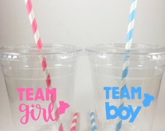 Team Girl Boy Baby Gender Party Cups Pink Blue Cup Set With Lids Straws