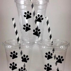 Puppy Dog Paw PARTY CUPS Birthday With Lids Straws Personalized Paws