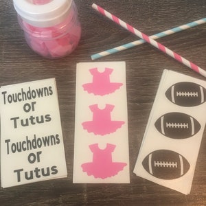 Baby Gender Reveal Touchdowns or Tutus DECALS ONLY Permanent Stickers Cups Invitations Set/20 DIY