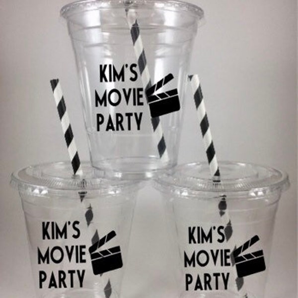 Movie Night PERSONALIZED Party Cups Disposable with Lids Straws Custom Colors Free