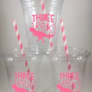 Three Rex Girls Dinosaur Party Cups PINK Birthday Dinosaurs Personalized DISPOSABLE Free Colors