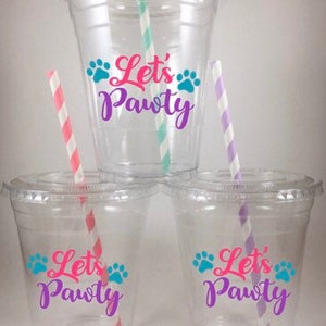 Puppy Dog PARTY CUPS Girls Birthday With Lids Straws Personalized Let’s Pawty Paws