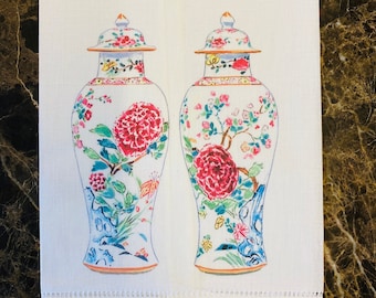 Twin Chinoiserie Jar White Linen Guest Towel/Set of Two
