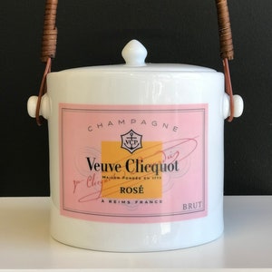 6" Pink Veuve Ice Bucket with Rattan Handle White | The French Bee, Classic White Porcelain Box, Décor, Gift