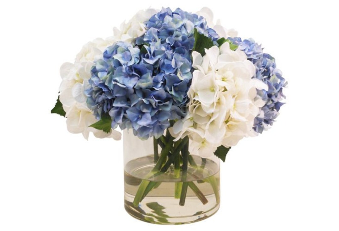 Blue and White Hydrangeas in Cylinder Vase, Faux the French Bee