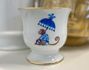 Monkey with Parasol Cachepot with Gold Rim Fine Porcelain Cup Decorative Vessel White French Cachepot with Monkey Decorative Cup Delicate