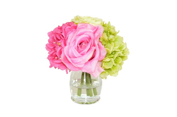 Pink Green Rose And Hydrangea Bouquet In Large Hourglass Vase Etsy