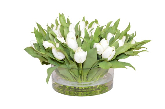 White Tulips In A Short Cylinder Glass Vase The French Bee Etsy