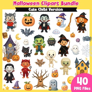 Cute Halloween Clipart Bundle, Spooky Cute Illustrations, Kawaii Ghost Pumpkin Bat Witch Hat, Fall Digital Stickers, PNG, Instant Download