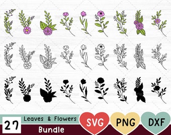 Leaves and Flowers svg bundle - hand drawn botanical svg - leaf branches clipart - plant doodle - Cut Files - SVG DXF PNG - Instant Download