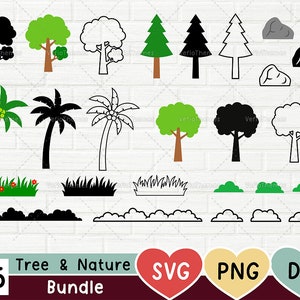 Tree Nature Plant SVG Bundle, Grass Bush Shrub Lawn SVG, Coconut Rock SVG, Cut Files outline, Silhouette Cricut, Row of Grass