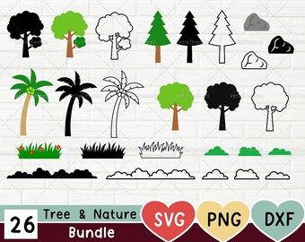 Tree Nature Plant SVG Bundle, Grass Bush Shrub Lawn SVG, Coconut Rock SVG, Cut Files outline, Silhouette  Cricut,  Row of Grass