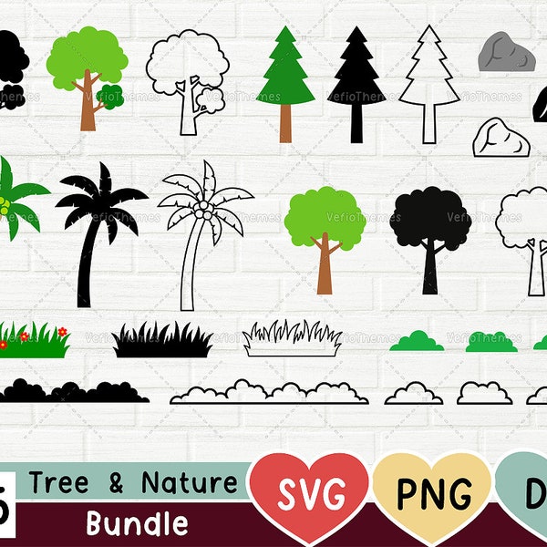 Tree Nature Plant SVG Bundle, Grass Bush Shrub Lawn SVG, Coconut Rock SVG, Cut Files outline, Silhouette  Cricut,  Row of Grass