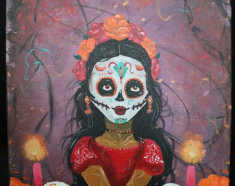 Little Miss Sugar Skull 11x14 Acrylic Painting