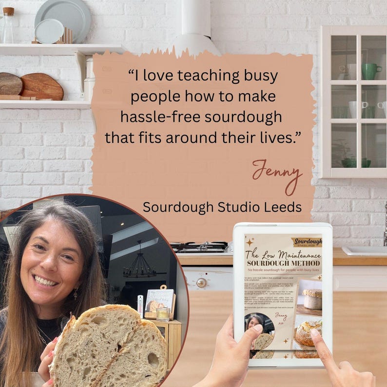 May include: A digital tablet displays a document titled The Low Maintenance SOURDOUGH METHOD, featuring text and images of bread. Beside it, a circular inset shows a person holding a sliced loaf of sourdough bread. The background is a kitchen.