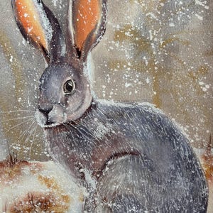 Lepre invernale - Dipinto ad acquerello originale / 28 x 38 cm Arte della fauna selvatica / Lepre nella neve / Arte murale con animali del bosco / Decorazione naturale