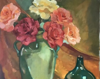 オリジナル油絵、花瓶の中のピンクの花、16x20x0.75、220216 - Etsy 日本
