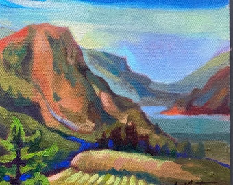 May include: A painting of a landscape with a mountain range, a body of water, and a field of green plants. The sky is blue with white clouds. The mountain range is a mix of brown, orange, and green. The water is a dark blue. The field of green plants is in the foreground.