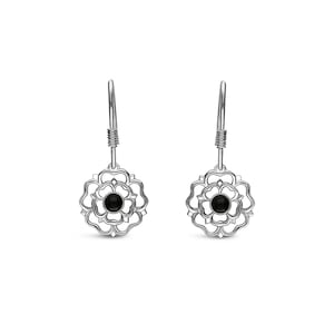 Sterling Silver Whitby Jet Yorkshire Rose Drop Earrings