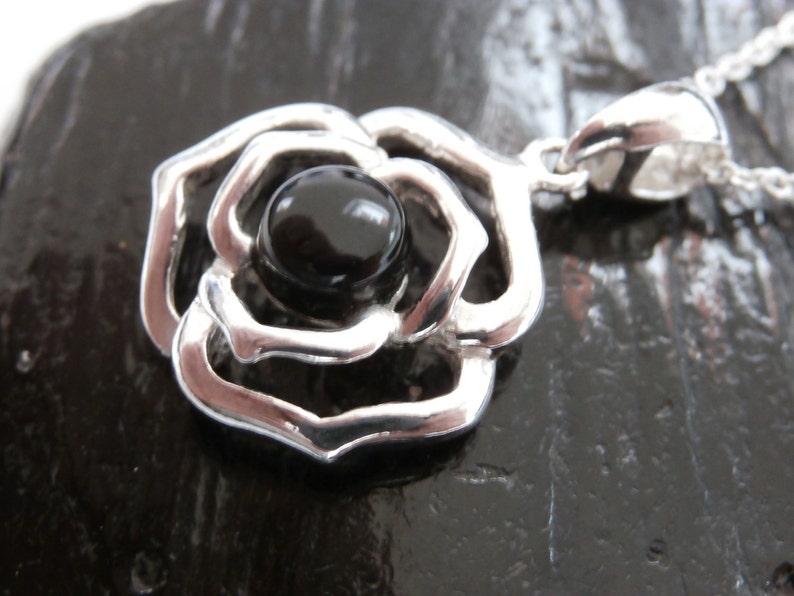 WHITBY JET Rose Pendant set in solid sterling silver