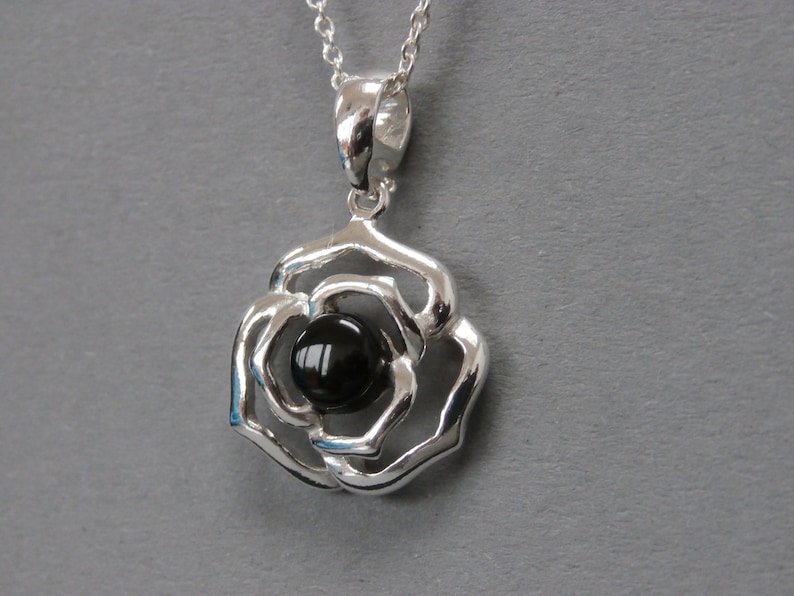 WHITBY JET Rose Pendant set in solid sterling silver