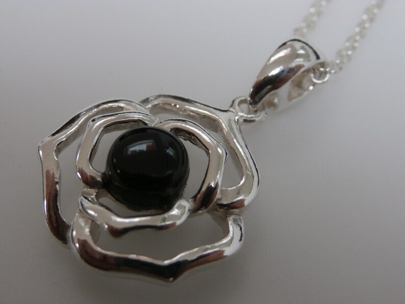 WHITBY JET Rose Pendant set in solid sterling silver