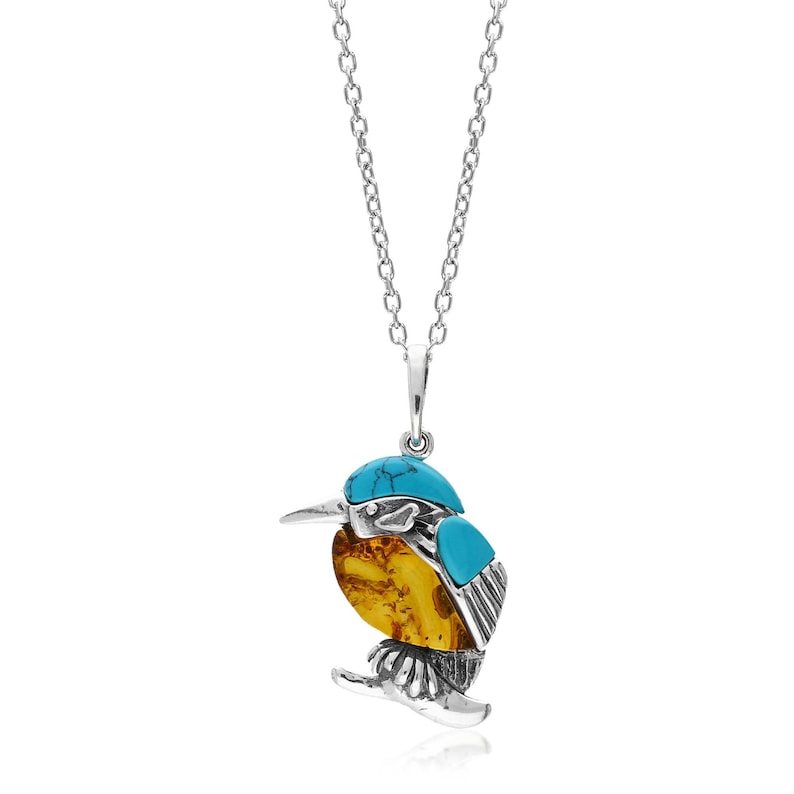 Sterling Silver Amber & Turquoise Kingfisher Pendant