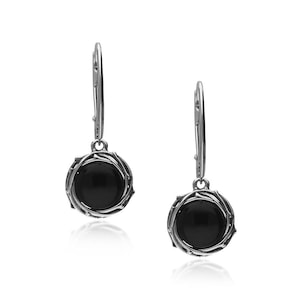 Sterling Silver Whitby Jet Oxidised Wire Drop Earrings