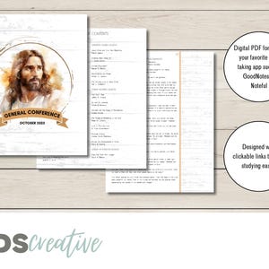 Op de afbeelding: Een digitale PDF voor notities, met een aquarelportret in een cirkelvormige lijst. De tekst luidt "GENERAL CONFERENCE OCTOBER 2025" en "CONTENTS". Bevat tekst: "Digitale PDF voor gebruik in uw favoriete notitie-app zoals GoodNotes of Noteful".