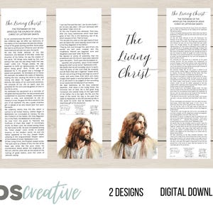 May include: Two printable bookmark designs featuring a watercolor painting of Jesus Christ. The text on the bookmarks reads "The Living Christ" and includes a statement of the testimony of the apostles of the Church of Jesus Christ of Latter-day Saints.