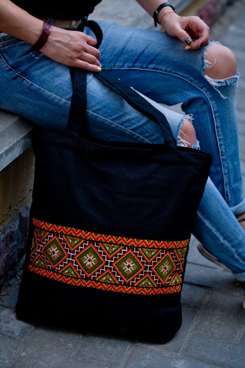 black canvas zipper tote bag Ukrainian gift for her canvas tote bag zipper Canvas bag with Ukrainian embroidery Ukrainian ethnic bag