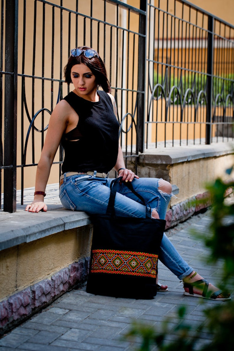 black canvas zipper tote bag Ukrainian gift for her canvas tote bag zipper Canvas bag with Ukrainian embroidery Ukrainian ethnic bag