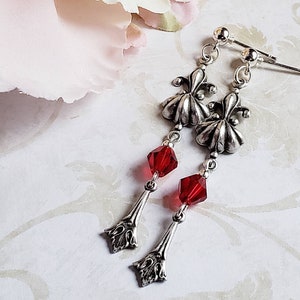 Deep Ruby red & silver long Victorian dangle earrings, Romantic blood red Victorian style earrings