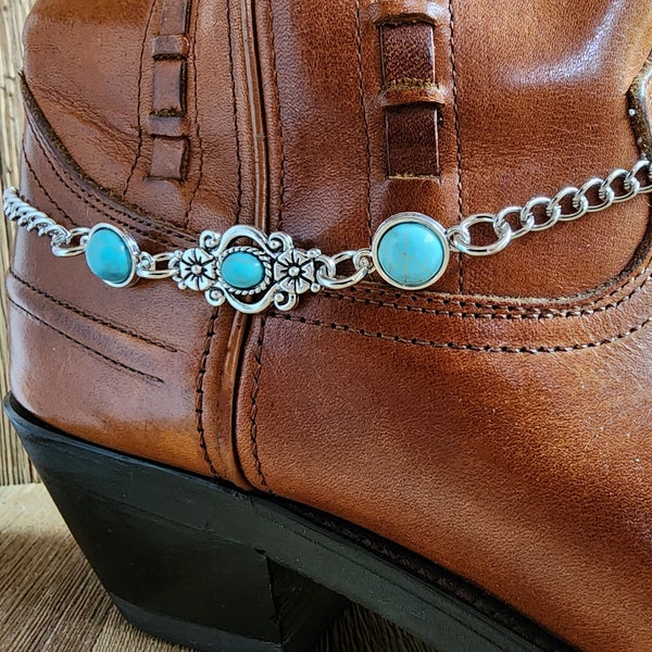 Boho Turquoise and silver fancy scrolled boot jewelry Cowboy boot bracelet