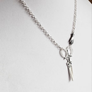 Steampunk scissor necklace, Steampunk necklace, Victorian scissors & hand necklace, Silver scissor necklace, Silver Gothic necklace