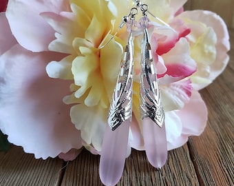 Victorian Pink sea glass teardrop earrings, Steampunk long pink and silver filigree earrings