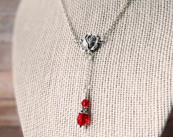 Rose Y necklace, Silver and red rose Y necklace, Elegant red necklace, Romantic rose necklace, Silver rose and red Czech glass Y necklace