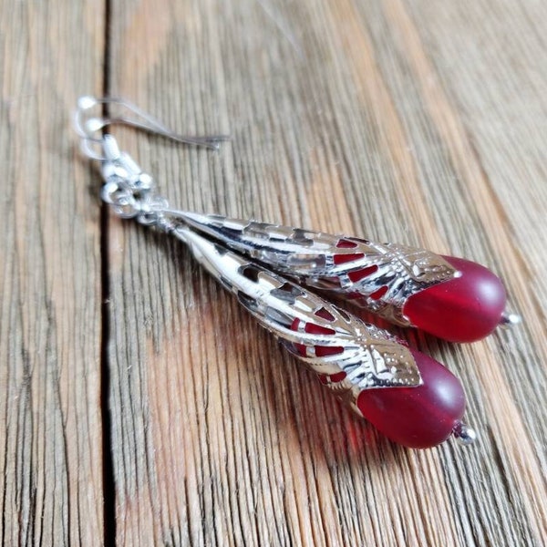 Long ruby red Art Deco teardrop earrings Romantic red sea-glass dangle earrings