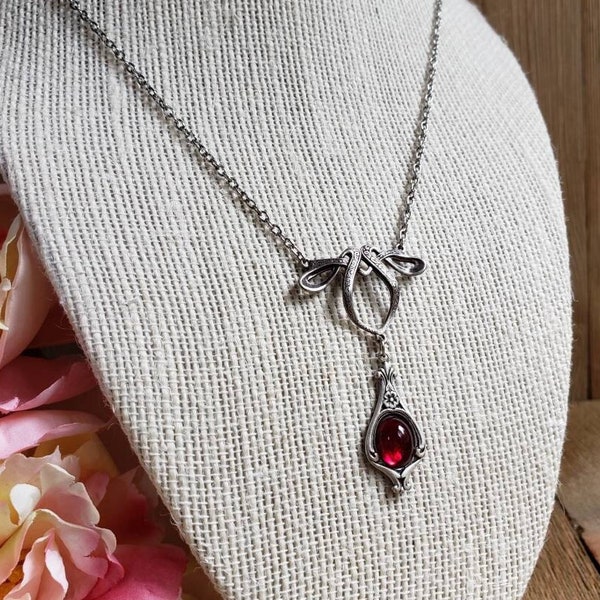 Ruby red Victorian teardrop pendant necklace