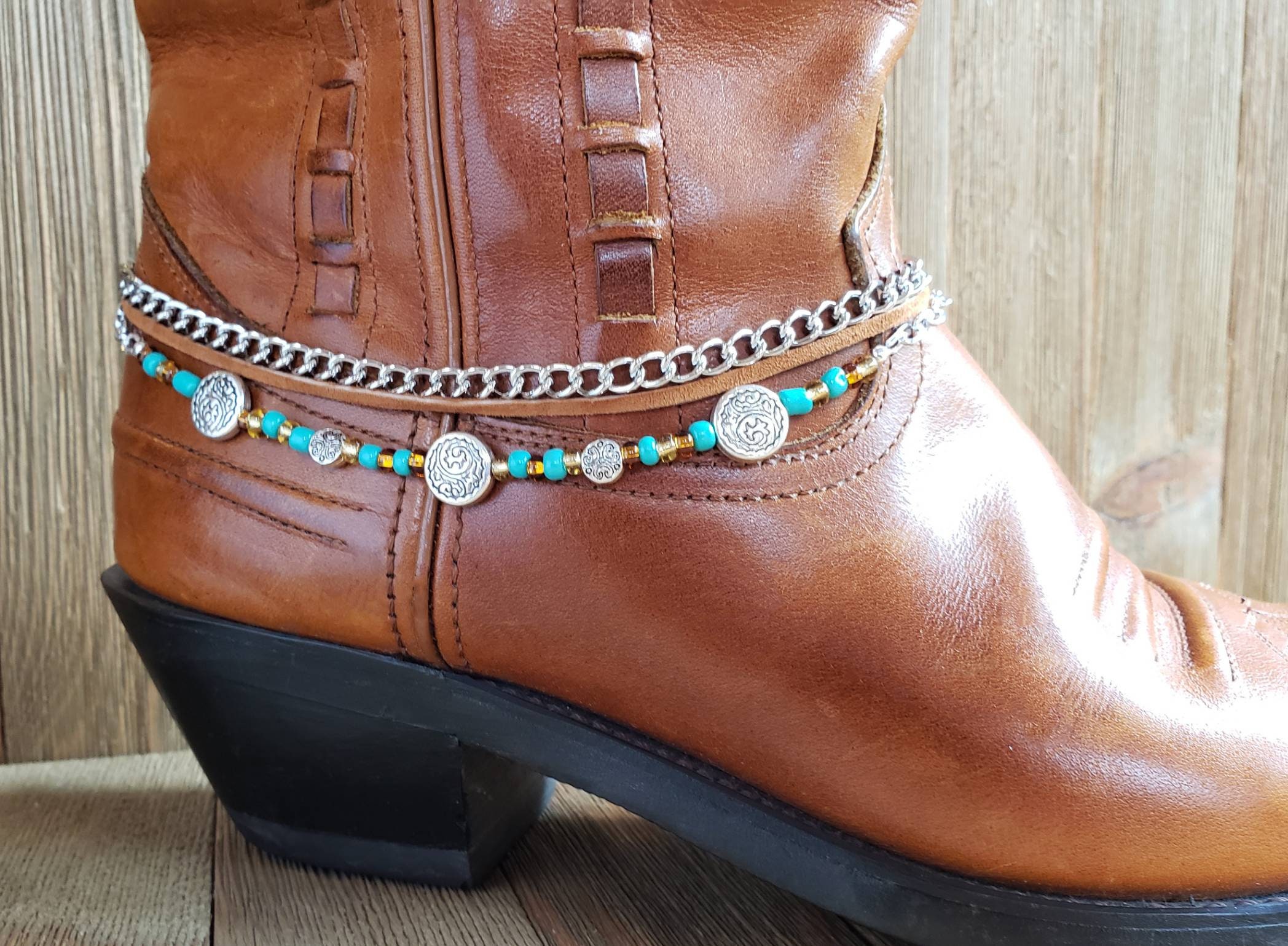 Beaded, Chain and Leather Boot Jewelry Silver Concho Multi Strand Boot ...