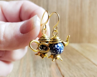 Beaded gold and blue teapot earrings