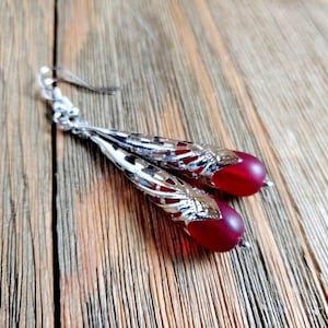 Ruby Red Sea Glass Earrings: Art Deco Teardrop Dangle